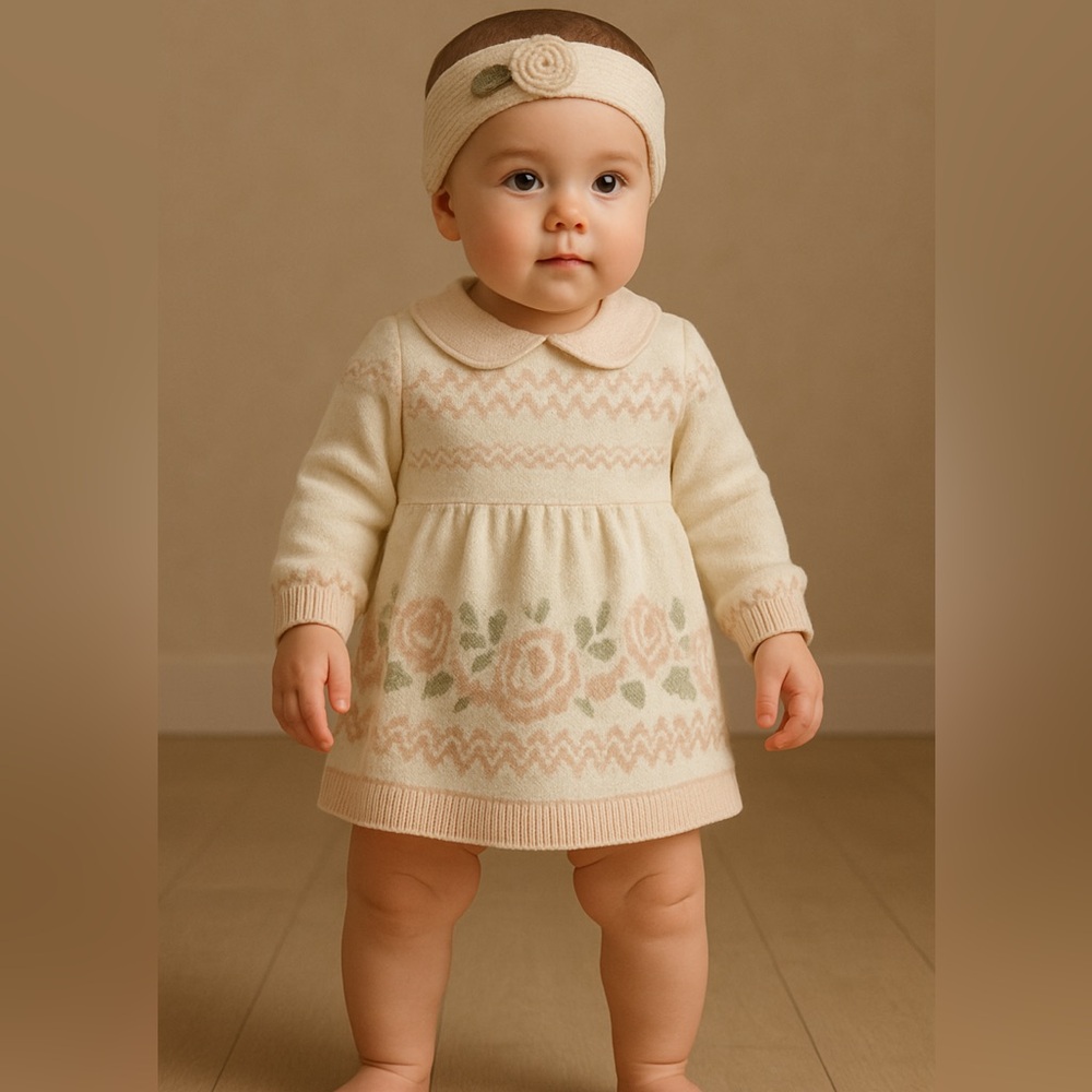 Cream Baby Dress with Floral Design